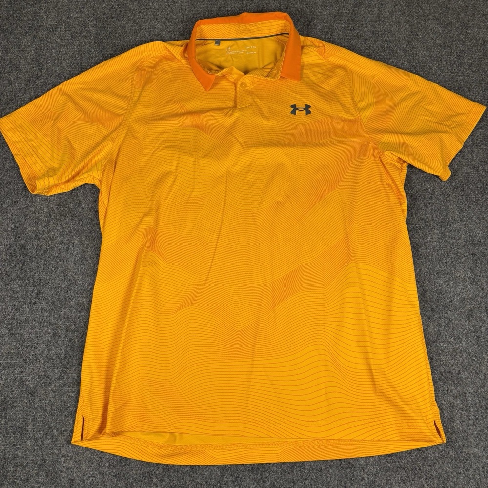 Under Armour Polo Shirt Mens Large LG Orange Wavy Stripe HeatGear Golf Top